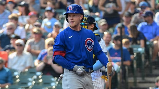 Oct 1, 2023; Milwaukee, Wisconsin, USA; Chicago Cubs center fielder Pete Crow-Armstrong (52) walks back to the dugout after striking out in the first inning against the Milwaukee Brewers at American Family Field. Mandatory Credit: Benny Sieu-USA TODAY Sports